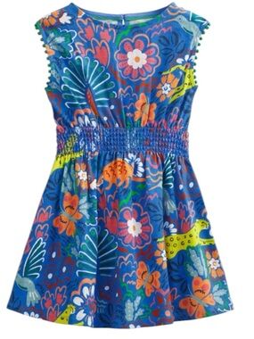 Mini Boden Ruched Fit & Flare Play Dress Safari Print Pom Detail Blue Size 3-4Y